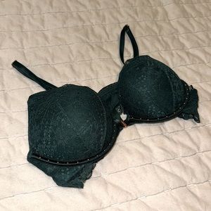 PINK 34B Date Super Push Dark Forest Green Front Snap Lace Bra